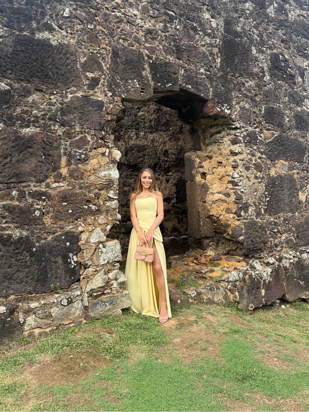Strapless Yellow High-Low Maxi Dress with Thigh Slit